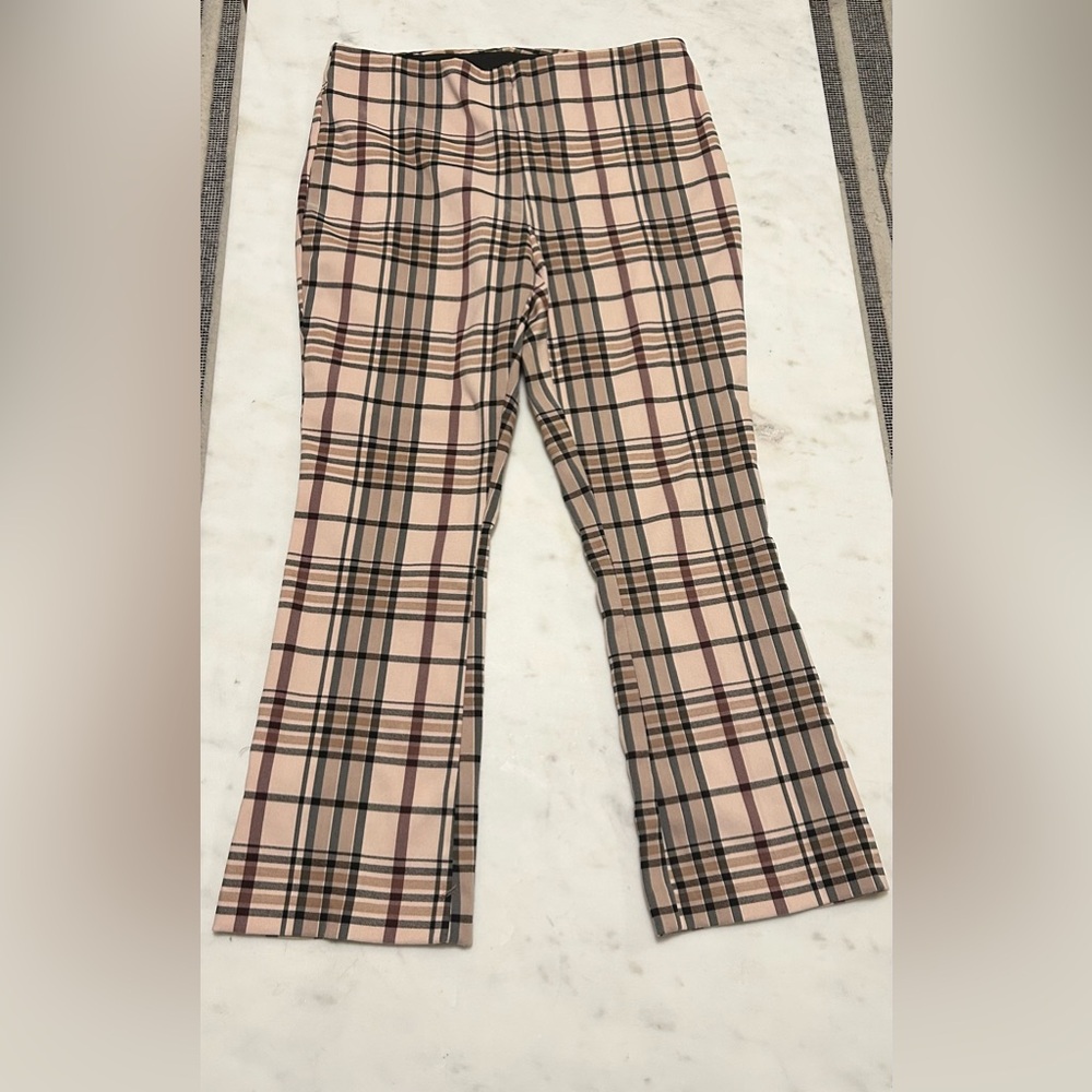 Plaid Pink Beige cropped flair Pants elastic LARGE